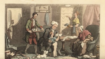 Niño pequeño en lecciones con un tutor y su abuela de Thomas Rowlandson