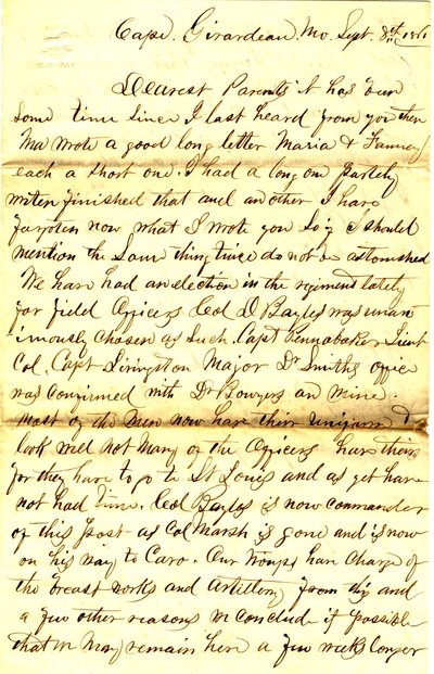 Carta firmada T.S. Hawley, Cape Girardeau, Missouri, a padres, 8 de septiembre de 1861 de Thomas S. Hawley
