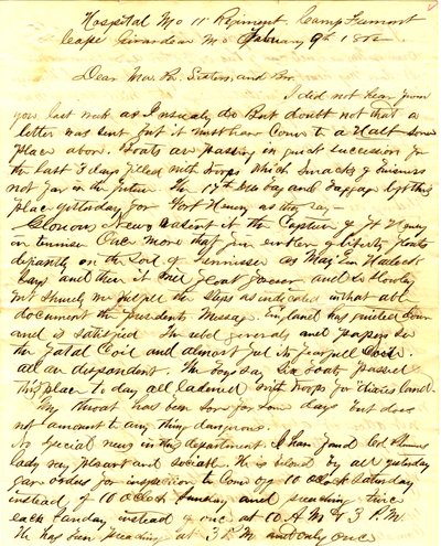 Carta firmada por T.S. Hawley, Hospital 11ª Infantería de Missouri, Campamento Fremont, Cape Girardeau, a la familia, 9 de febrero de 1862 de Thomas S. Hawley