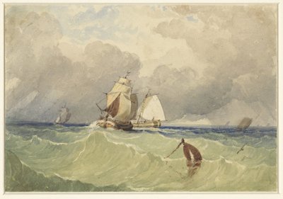 Tres maestros y tjalk navegando en alta mar de Thomas Sewell Robins