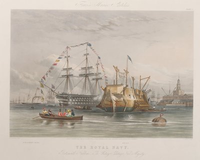 La Royal Navy. Puerto de Portsmouth - el "Victory" saludando a Su Majestad (con) HMY "Fairy" y "Dryad". de Thomas Sewell Robins
