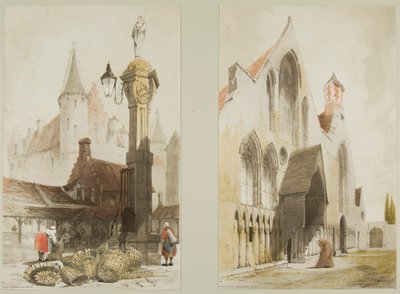 Mercado de pescado, Amberes y Hospicio de los Ancianos, Cand, de Arquitectura pintoresca en París, Gante, Amberes, Touen, etc. de Thomas Shotter Boys