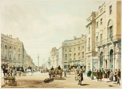 Regent Street mirando hacia la Columna del Duque de York, lámina doce de Vistas originales de Londres tal como es de Thomas Shotter Boys