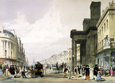Regent Street mirando hacia el Cuadrante con la Capilla de Hanover en primer plano y compradores paseando, 1842 de Thomas Shotter Boys