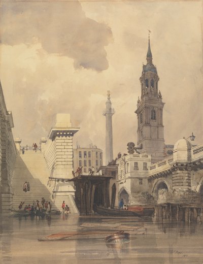 Iglesia de San Magnus Mártir, Puente de Londres, con el monumento al fondo de Thomas Shotter Boys