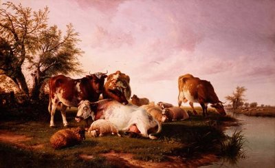 Ovejas y ganado pastando junto a la ribera de un río de Thomas Sidney (after) Cooper