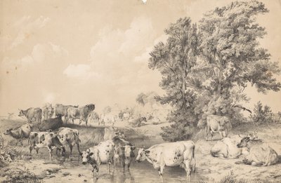 Un rebaño de ganado en la orilla de un río de Thomas Sidney Cooper
