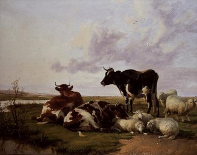 Ganado y ovejas pastando de Thomas Sidney Cooper