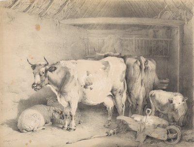 Ovejas y ganado en un establo de Thomas Sidney Cooper