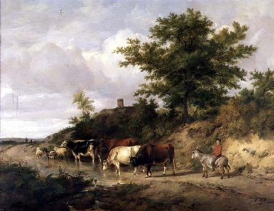 Paisaje boscoso con un niño en un burro y ganado en un vado de Thomas Sidney Cooper