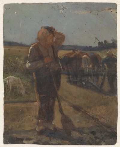 Agricultor de pie con una pala en el campo de Thomas Simon Cool