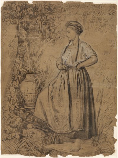 Chica de pie, llenando una jarra con agua de un manantial de Thomas Simon Cool