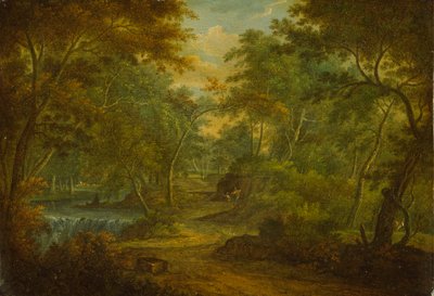 Un paisaje boscoso con un arroyo y un pescador de Thomas Smith of Derby