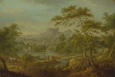 Un paisaje imaginario con un vagón y una vista lejana de una ciudad de Thomas Smith of Derby