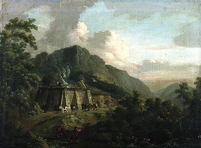 Paisaje boscoso, con trabajadores y caballos trabajando en un horno de cal de Thomas Smith of Derby