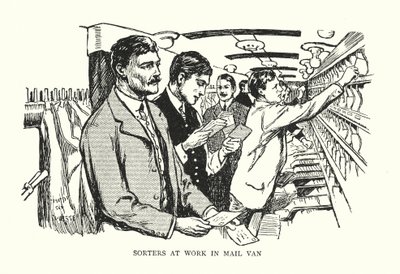 Clasificadores trabajando en un furgón de correo (litografía) de Thomas Somerfield
