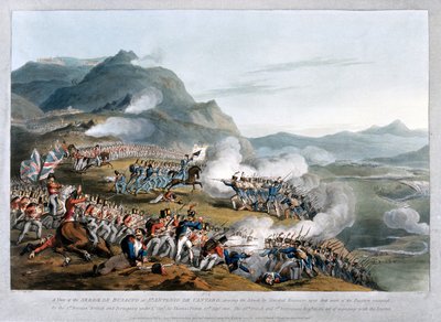 Una vista de la Sierra de Busaco en San Antonio de Cantaro, mostrando el ataque del Mariscal Reigniers, grabado por Charles Turner, publicado en 1812 de Thomas Staunton St. Clair