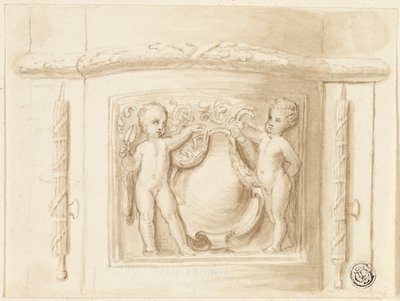 Base de pilastra con relieve, con 2 putti, escudo de Thomas Stothard