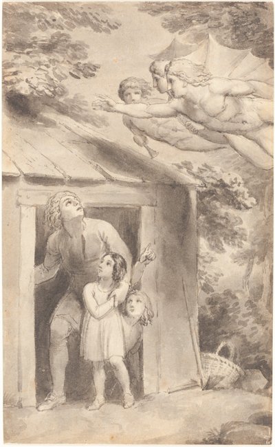 Pedro y sus hijos visitados por tres figuras voladoras de Thomas Stothard