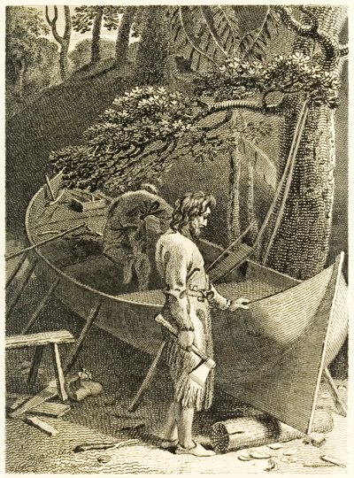 Robinson Crusoe y Viernes construyendo un barco, de La vida y extrañas sorprendentes aventuras de Robinson Crusoe, marinero de York, por Daniel Defoe de Thomas Stothard