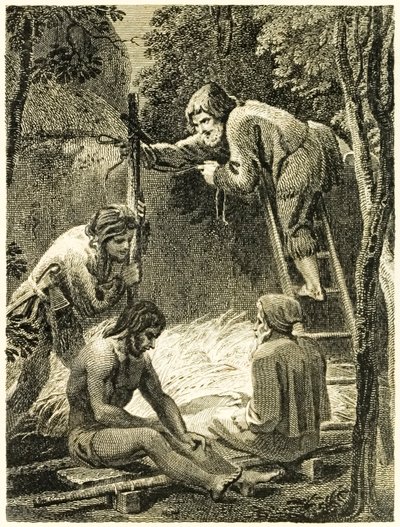 Robinson Crusoe y Viernes construyendo una tienda para alojar al padre de Viernes y al español, de La vida y extrañas sorprendentes aventuras de Robinson Crusoe, marinero de York, por Daniel Defoe de Thomas Stothard