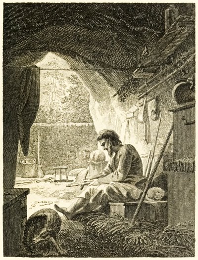 Robinson Crusoe trabajando en su cueva, de La vida y extrañas sorprendentes aventuras de Robinson Crusoe, marinero de York, por Daniel Defoe de Thomas Stothard