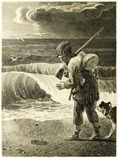 Robinson Crusoe descubre la huella de un hombre, de La vida y extrañas sorprendentes aventuras de Robinson Crusoe, marinero de York, por Daniel Defoe de Thomas Stothard