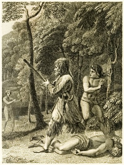 Robinson Crusoe ve y rescata por primera vez a su hombre Viernes, de La vida y extrañas sorprendentes aventuras de Robinson Crusoe, marinero de York, por Daniel Defoe de Thomas Stothard