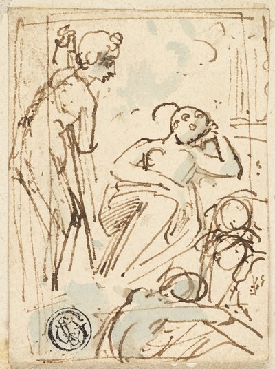Boceto de hombre apoyado en un bastón, mirando a una mujer dormida de Thomas Stothard