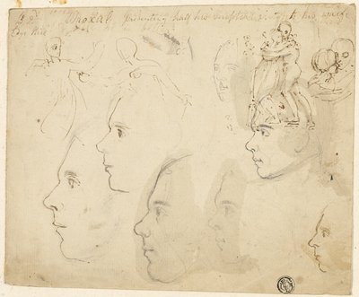 Bocetos de perfiles masculinos, pareja abrazándose de Thomas Stothard