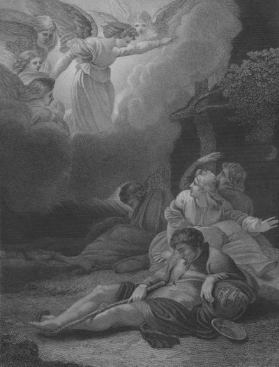 Los ángeles apareciendo a los pastores, San Lucas 2, Versículo 8-21 de Thomas Stothard