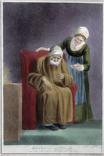 La segunda infancia (un guardia enfermo cuidando a un hombre muy viejo) - en “Las 7 edades del hombre” de Shakespeare, ill. por W. Broniley, Londres de Thomas Stothard