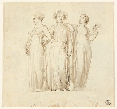 Tres musas (recto); Estudio de caballero y monje para una ilustración en una novela gótica (verso) de Thomas Stothard