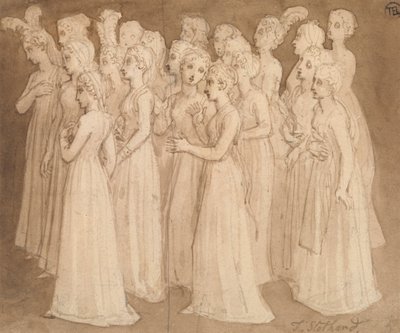 Veinte chicas jóvenes en grupo caminando hacia la izquierda de Thomas Stothard