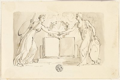 Dos figuras femeninas alegóricas dándose la mano frente a un libro de Thomas Stothard