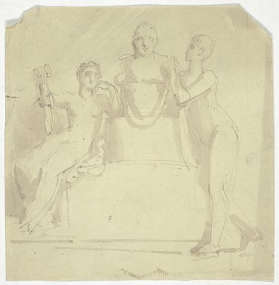 Dos figuras femeninas con un busto de Thomas Stothard