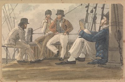 Cuatro marineros descansando en cubierta, uno leyendo de Thomas Streatfeild