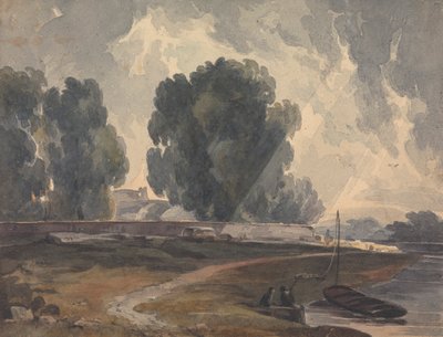 Paisaje con árboles y lago con figuras y barco de Thomas Sully