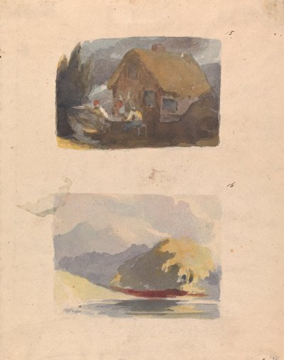 Dos dibujos en una hoja: Cabaña con figuras delante (nº 15); Paisaje con río y montañas - Sol (nº 16) de Thomas Sully