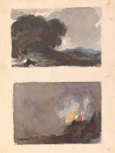 Dos dibujos en una hoja: Paisaje con árbol en primer plano y montañas a lo lejos - Principio de Hobbema y Ruysdael (nº 5); Figura en escena interior - Principio de Teniers y Ostade (nº 6) de Thomas Sully
