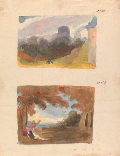 Dos dibujos en una hoja: Paisaje con castillo - Manera moderna (no. 13); Paisaje con figuras en primer plano (no. 14) de Thomas Sully