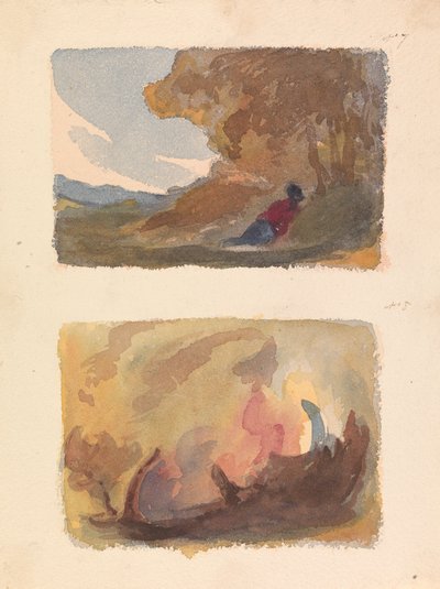 Dos dibujos en una hoja: Paisaje con figura recostada contra una colina - Tiziano y escuela veneciana (nº 7); Paisaje - Variedad de aguadas de acuarela (nº 8) de Thomas Sully