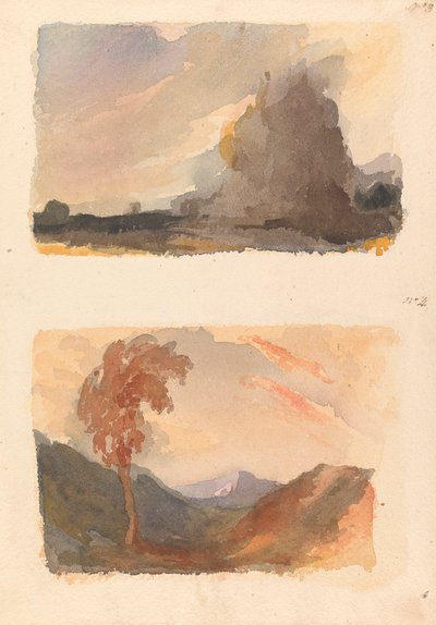 Dos dibujos en una hoja: Paisaje con gran acantilado en primer plano - Principio de Cuyp (nº 3); Paisaje con árbol en primer plano, montañas a lo lejos - Principio de Both (nº 4) de Thomas Sully