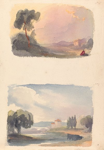 Dos dibujos en una hoja: Paisaje con montañas a lo lejos y figuras sentadas en primer plano (nº 1); Paisaje con río y edificio, montañas a lo lejos (nº 2) de Thomas Sully