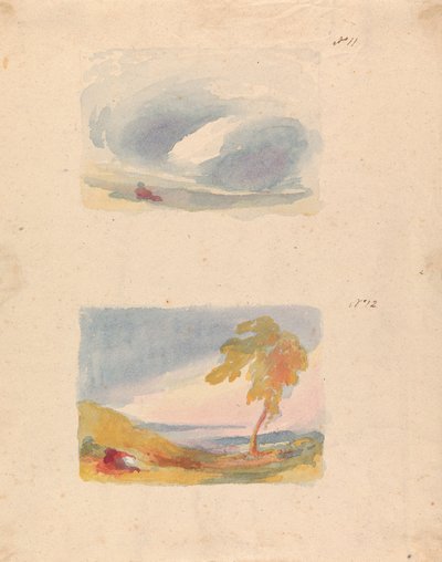 Dos dibujos en una hoja: Estudio del cielo - Principio de Turner (nº 11); Paisaje con colinas y árboles (nº 12) de Thomas Sully