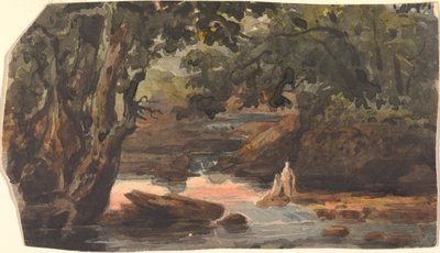 Dos figuras en un arroyo, rodeadas de grandes árboles de Thomas Sully