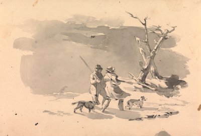 Dos cazadores y dos perros en una escena invernal de Thomas Sully