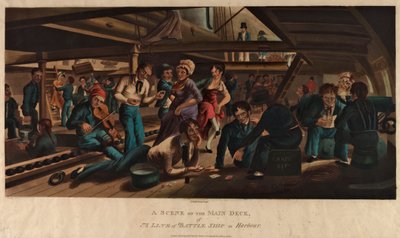 Una escena en la cubierta principal de un buque de línea de batalla en el puerto de Thomas Sutherland