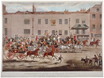 Coches de correo frente a la posada Peacock en Islington High Street, Londres de Thomas Sutherland