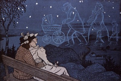 Pareja al aire libre, mirando su futuro en las estrellas: hijos, familia. Ilustración de Th.Th. Heine en: Simplicissimus, Alemania de Thomas Theodor Heine